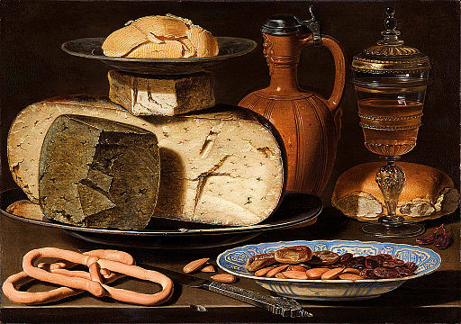  Still life with cheese, almonds, and pretzels by Clara Peeters, 1594-1657. Flowers optional. 